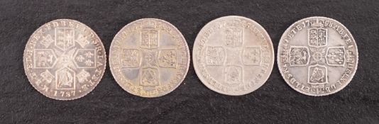 Two 1758 shillings, a 1745 plain, and 1787 shilling.