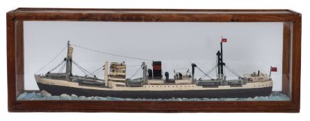 A cased scratch built waterline model of the Clan Line Cargo ship SS 'Clan Brodie': black funnel