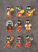 A collection of nine Robinson Golly badges, circa 1998, including 'Basket ball',