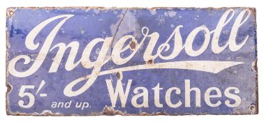An Ingersoll Watches blue enamel advertisement sign, double sided, 40.5cm x 18cm.