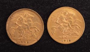 A 1905 and 1914 Half Sovereigns.