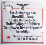 A WWII German NSDAP socialist worker's enamel sign, with RZM mark lower left,