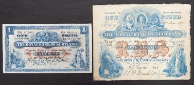 Royal Bank of Scotland One Pound note 29th June, 1919 with a 1927 £1 note.