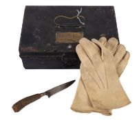 A 19th century tin box with brass plaque inscribed ' R F Peel Esq.