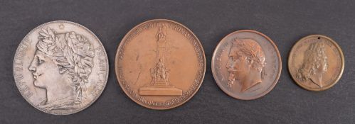 A 1713 Louis XIV 'Liberation Pacifico' (holed) 40mm, with Edwards Ross 1904 Santiago Senate 65mm,