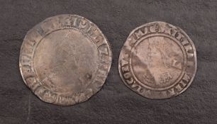 An Elizabeth I shilling mm. Cresent / Escallop?, with a James I sixpence 1607.