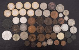 A group of coins, including British silver 1895 Half crowns, 1888 Florin,