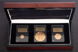 A cased Queens 65th Coronation 22ct Proof set , 2018, comprising £5, sovereign and half sovereign.