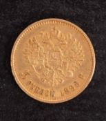 A 1898 five Rouble Russian gold coin, 4.3gm.