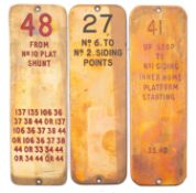 Three brass lever plates, one double sided ' 16 Down Windsor Thro King lever' and 48 From No.