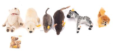 A group of six Steiff animals, comprising a rat, mouse , zebra, polar bear,