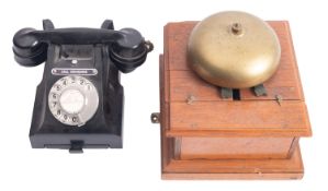 An oak and brass signal box bell, unsigned, 25x23cm,
