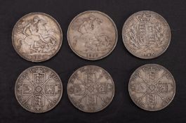 A group of crowns, 1896 LX and 1899 LXIII, with 1844, three double florin, two 1899, and a 1890.