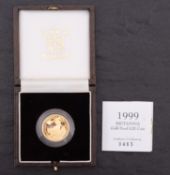 A 1999 gold proof 1/4oz Britannia coin, boxed with certificate.