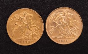 Two Edwardian half sovereigns,
