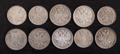 Russian 20 Kopeks 1909,1912,1913 and 1915, with 15 Kopeks 1914 and 1915.