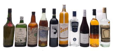 A group of wine, spirits and aperitifs, including whiskey, gin, French dessert wine etc.