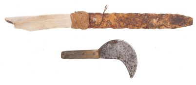 A small horn handled knife with curved blade, 18cm long,