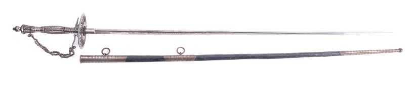 A 19th century Mourning sword, the triangular fullered blade with acid etched decoration,