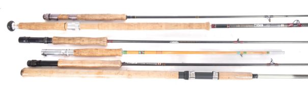 A group of six various rods comprising; Daiwa carbon rod, 16ft Fibre AWF 16 in original cloth wrap.