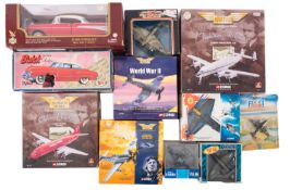 AIRCRAFT. Die cast metal & plastic, in boxes or packaging, various makes and scales; and TWO CARS.