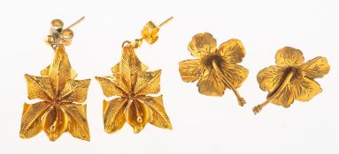Two pairs of flower earrings, including a pair of flower drop earrings, post and butterfly fittings,