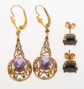 Two pairs of gem-set earrings, including a pair of 9ct gold stud earrings,