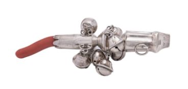 A George III silver baby's rattle, whistle and teether maker's mark only J.R?, 13cm, (5.1ins.)54.