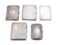 A mixed group of silver including; five Birmingham silver cigarette cases,