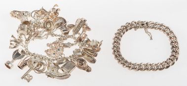 A charm bracelet and a curb-link bracelet, an open-link charm bracelet,
