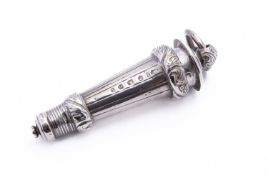 A Victorian silver military whistle and case by William Devenport, Birmingham 1860, 6.5cms., 30gms.