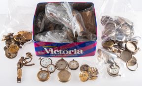 A collection of wrist and pocket watch movements, parts, cases and dials,