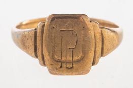 A signet ring, monogrammed to the front, marked 9ct, size U1/2, 3.5grams.