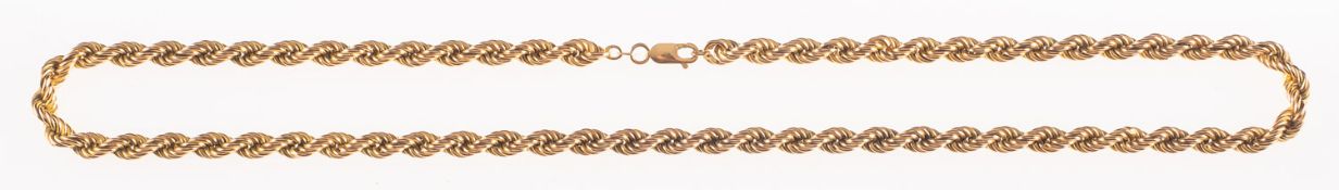 A 9ct yellow gold twisted rope chain, UK import mark to jump ring, length approx. 62.0cm, 90.0grams.
