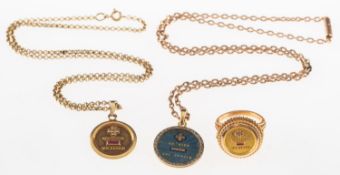 A group of French 'love' charm jewellery, including a circular pendant engraved with 'Qu'Hier,
