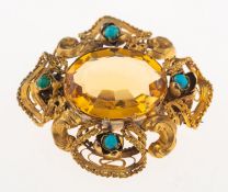 A Victorian citrine and turquoise brooch,