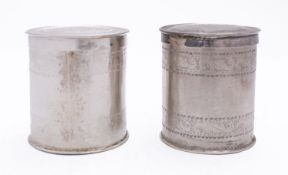 A pair of mid 20th century Middle Eastern silver box, not marked of cylindrical form,