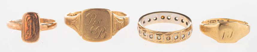 A group of four 9ct gold rings, all UK hallmarked, including three signet rings,