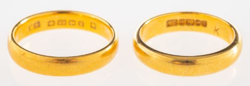 Two 22ct gold wedding bands, both UK hallmark, one size L1/2, one size K to K1/2,