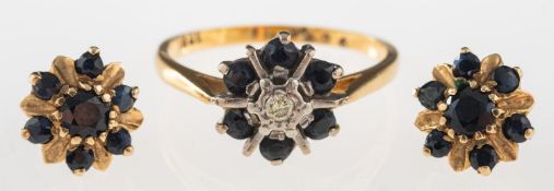 A sapphire and diamond ring and similar earrings,