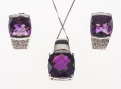 An amethyst and diamond pendant with chain and a pair of similar earrings,