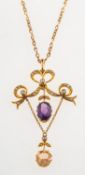 A Victorian amethyst, topaz and seed pearl pendant with chain, an openwork pendant of ribbon form,