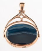 A 9ct rose gold double sided agate rotating fob pendant, UK hallmark, length approx. 4.8cm, 17.