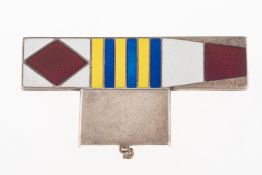 A Naval silver and enamelled signal flag brooch, with a sliding cover attached by a safety chain,