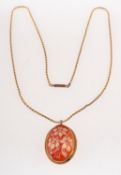 A flower cameo brooch/pendant with chain, an oval cameo carved with a floral motif,