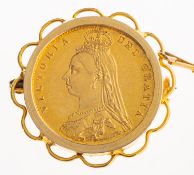 A shield back half sovereign in brooch mount, Victoria,