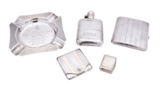 A mixed group of silver including; a George V silver hip flask by James Deakin & Son,