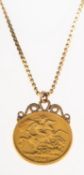 An Edward VII 1902 two pound coin with chain, pendant mount attached to coin, unmarked,