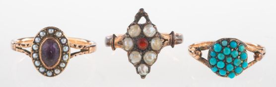 Three antique rings, including a ring set with turquoise cabochons, enclosed back setting,