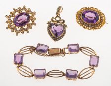 A group of antique amethyst set jewellery,